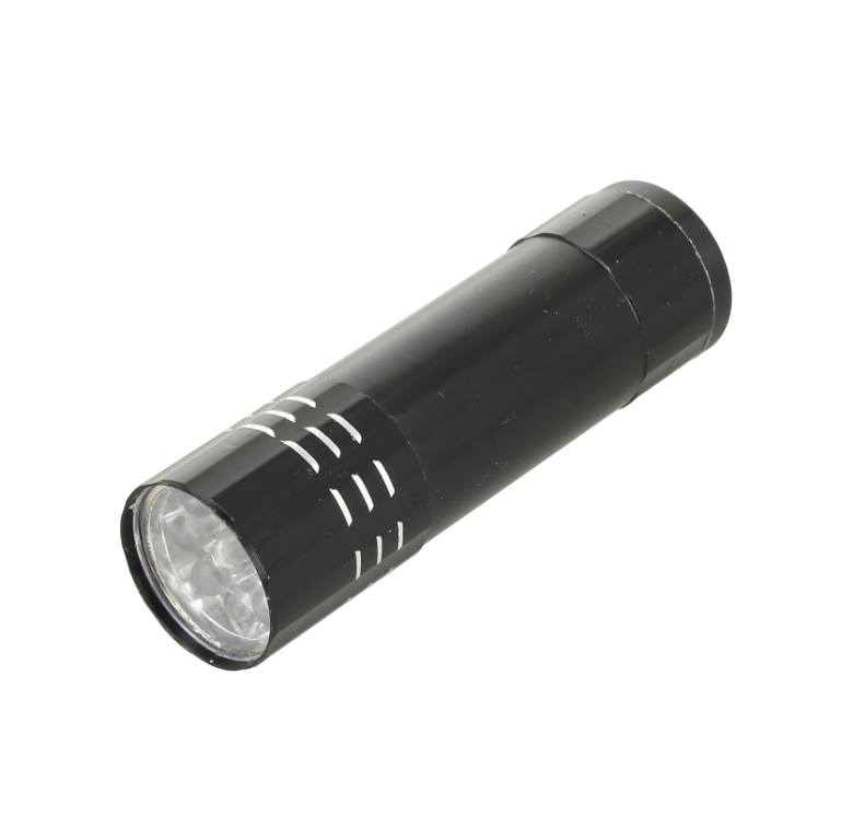 Linterna UV portátil de aluminio negro con 9 LEDs.
