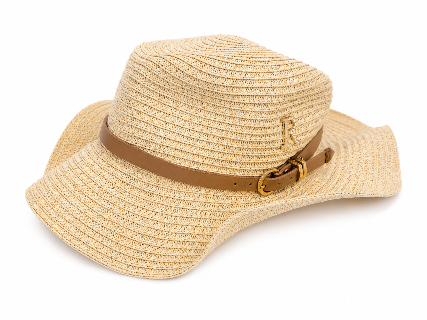 Sombrero de ala ancha tejido para mujer con banda decorativa de cuero sintético y hebilla ajustable, color beige.
