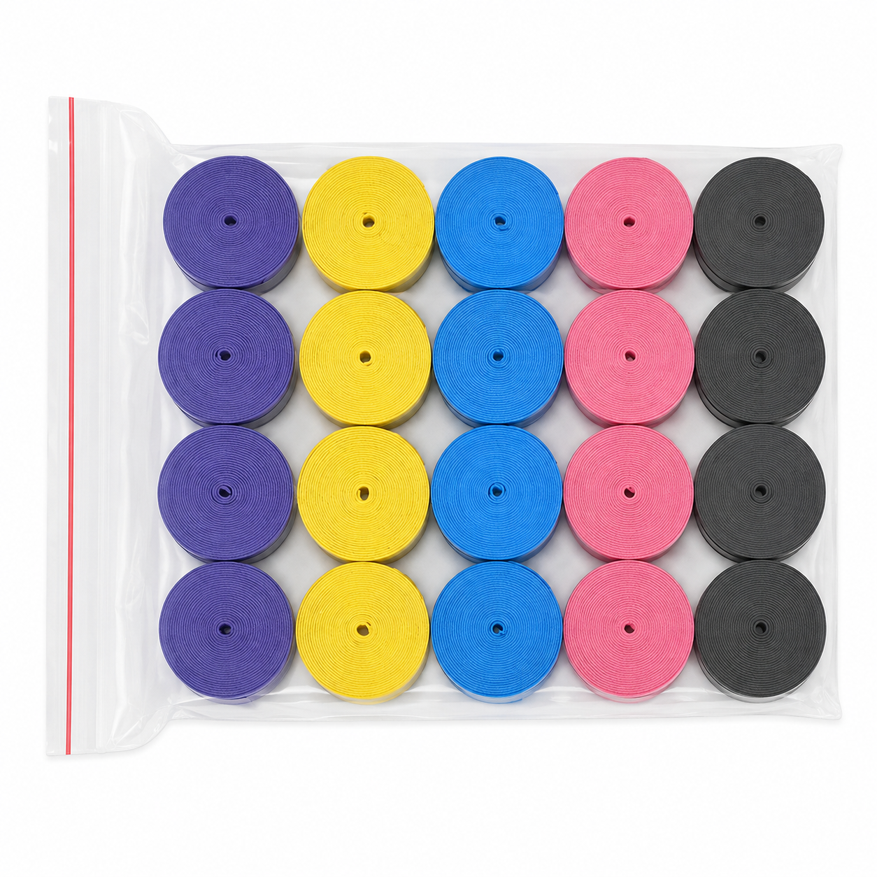 Juego de 20 cintas de agarre para mangos de raquetas en cinco colores.