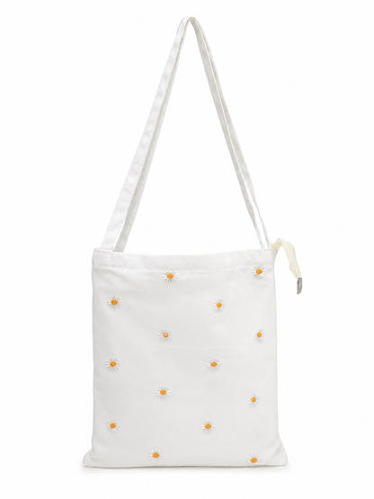 Bolso de Hombro de Tela Blanca con Bordado de Margaritas.