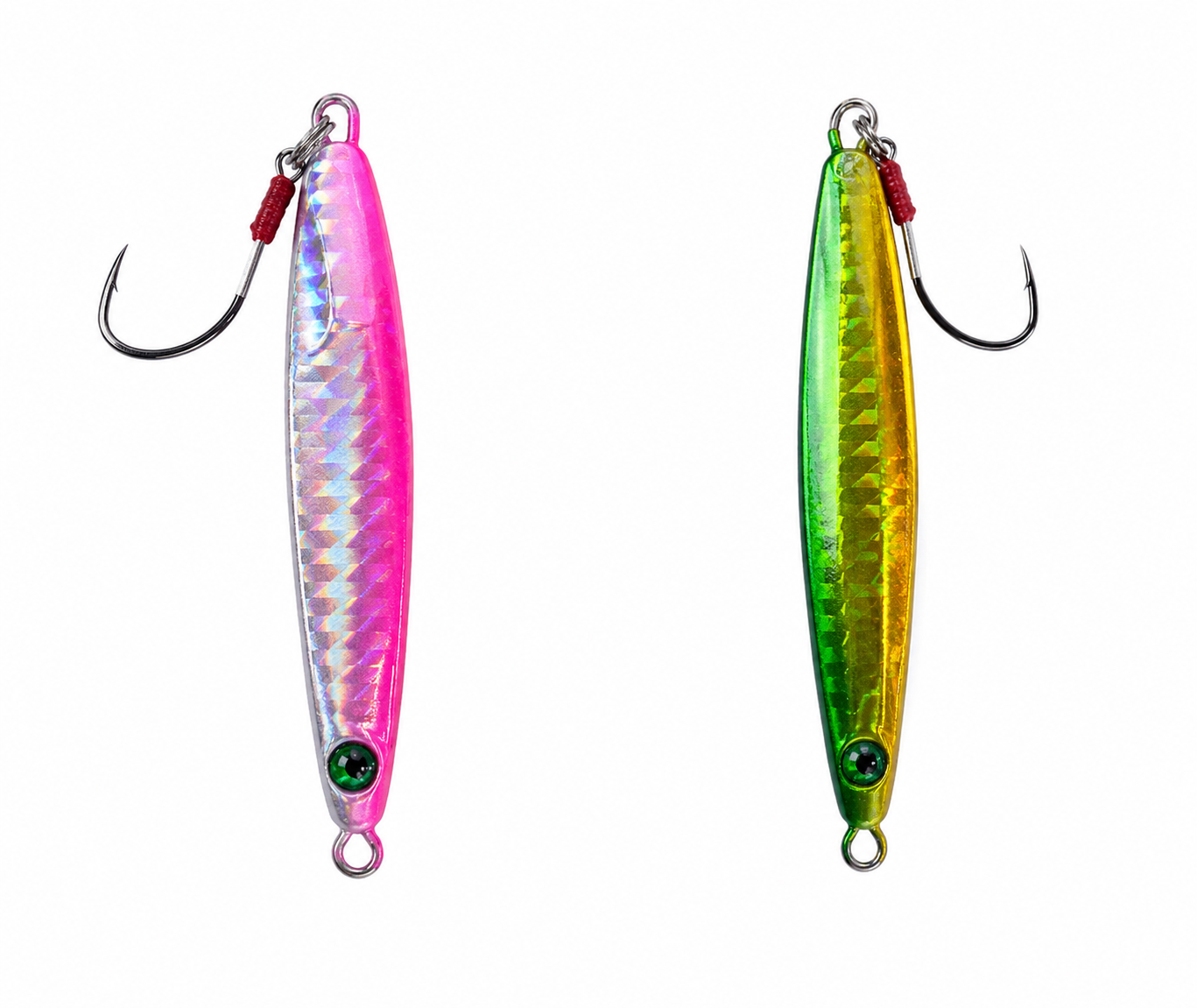 Set de señuelos metálicos para pesca con acabado holográfico en colores rosa y verde.