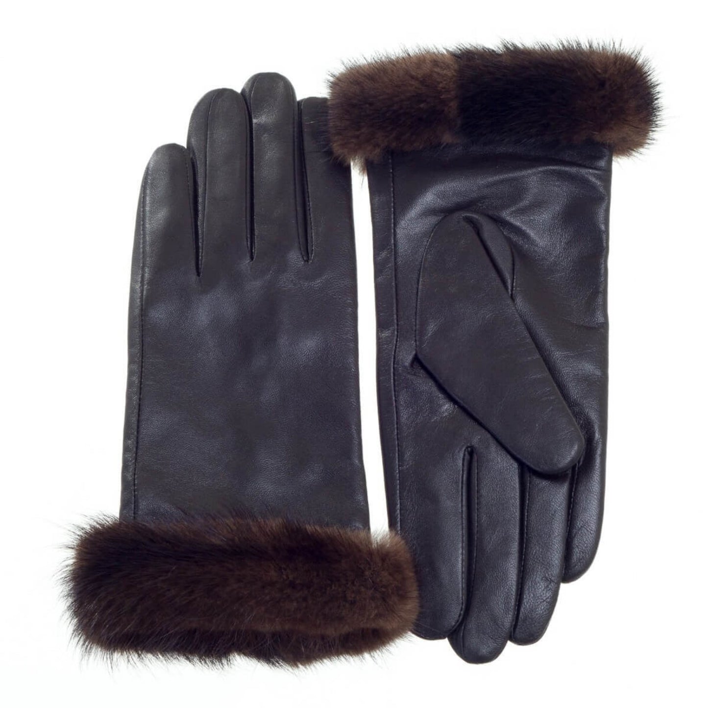 Guantes negros con puños de pelo sintético marrón.