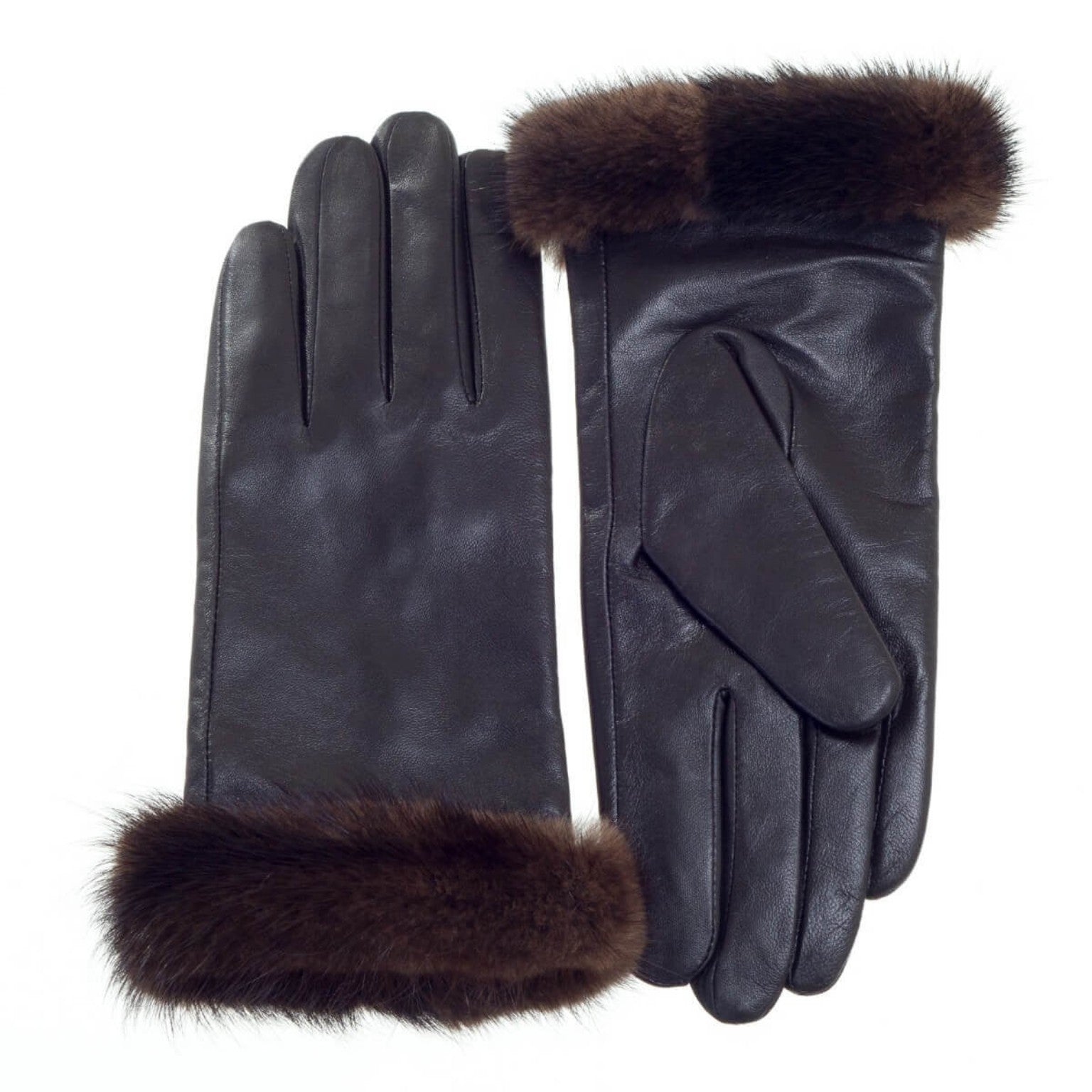 Guantes negros con puños de pelo sintético marrón.