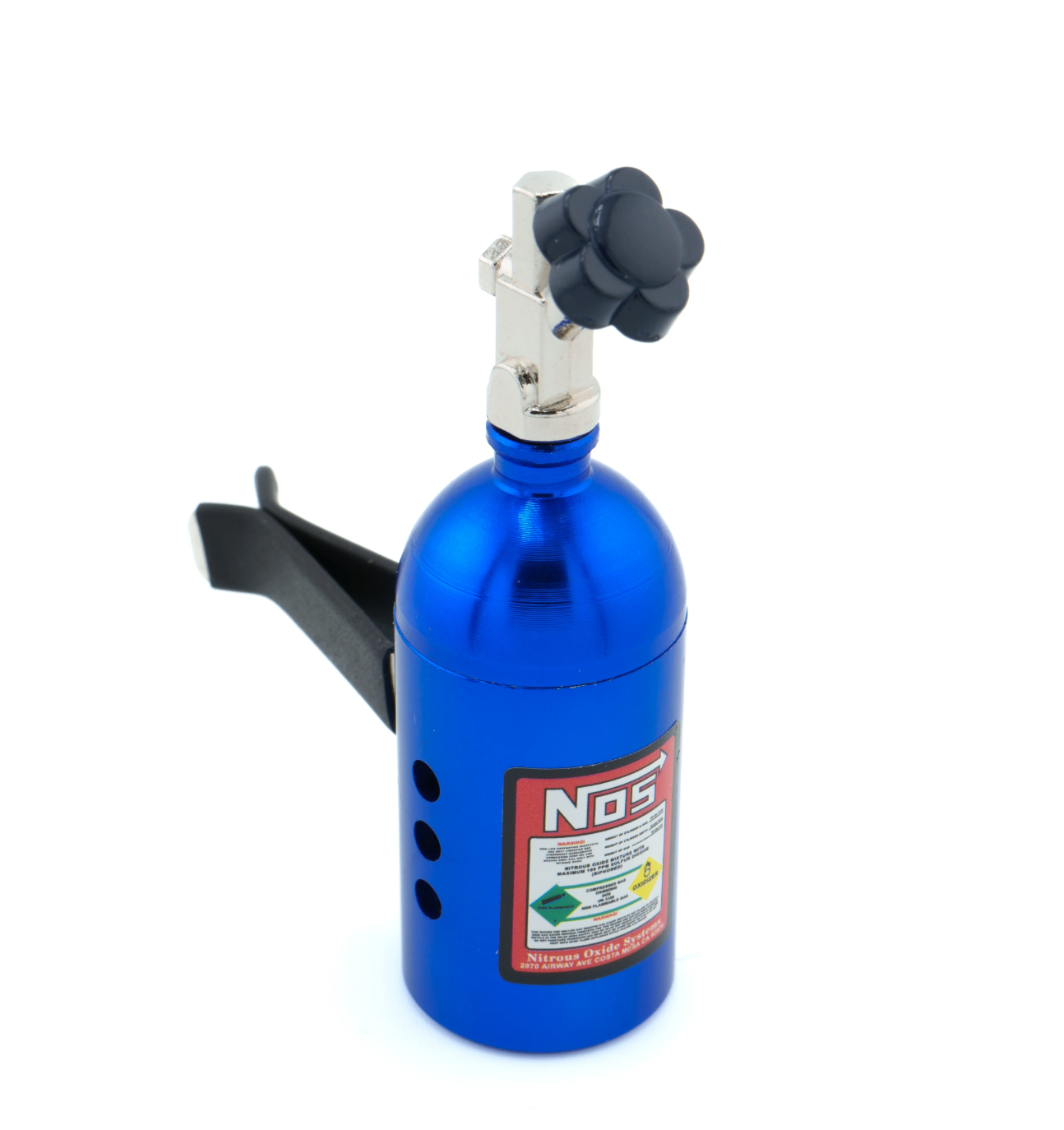 Ambientador con forma de botella de nitro, azul.
