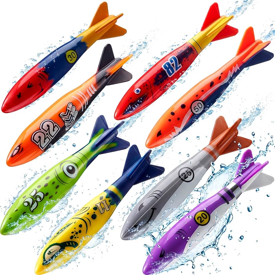 Paquete de 7 juguetes de buceo tipo torpedo, diseñados para hundirse rápidamente en la piscina.