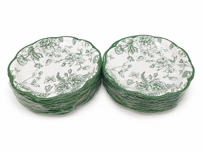 Set de Platos Desechables con Diseño Floral Verde para Fiestas y Eventos.