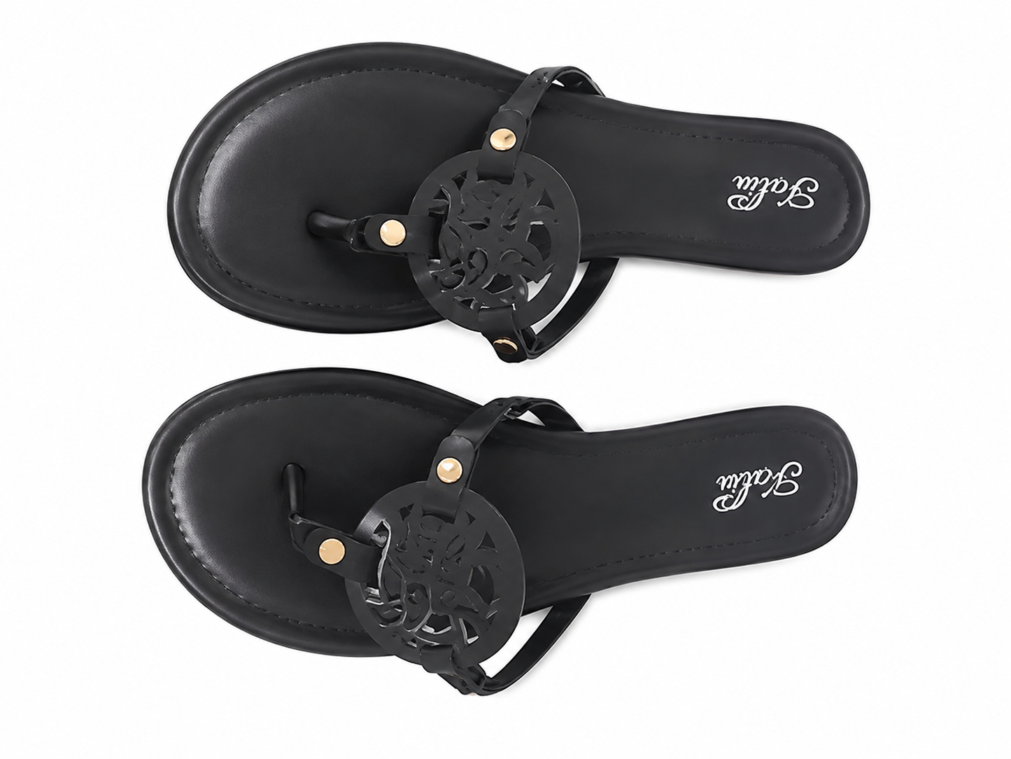 Sandalias Planas Negras de Dedo con Adorno Circular Decorativo y Detalles Dorados, Talla 9.