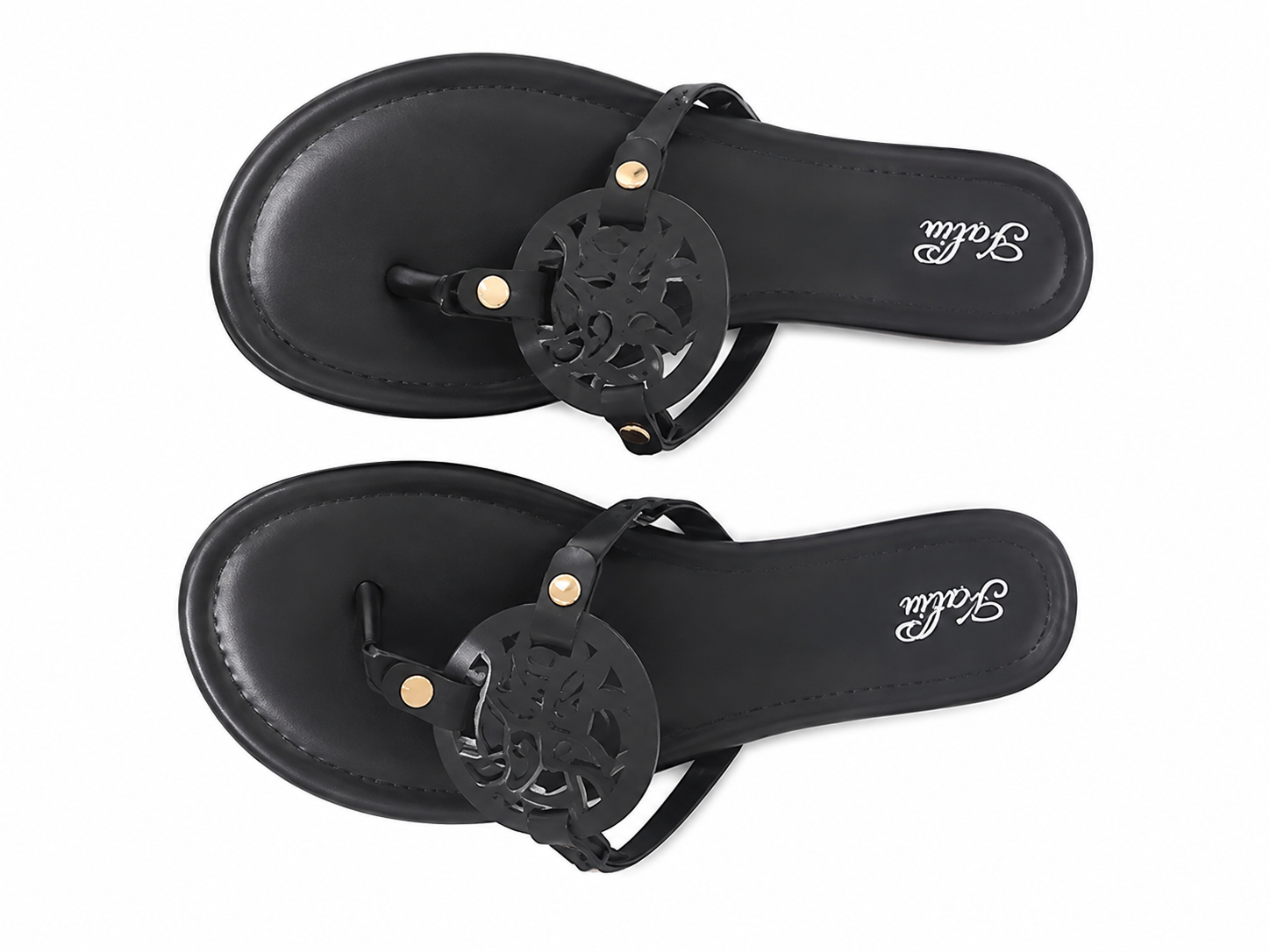 Sandalias Planas Negras de Dedo con Adorno Circular Decorativo y Detalles Dorados, Talla 9.