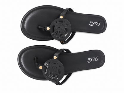 Sandalias Planas Negras de Dedo con Adorno Circular Decorativo y Detalles Dorados, Talla 9.
