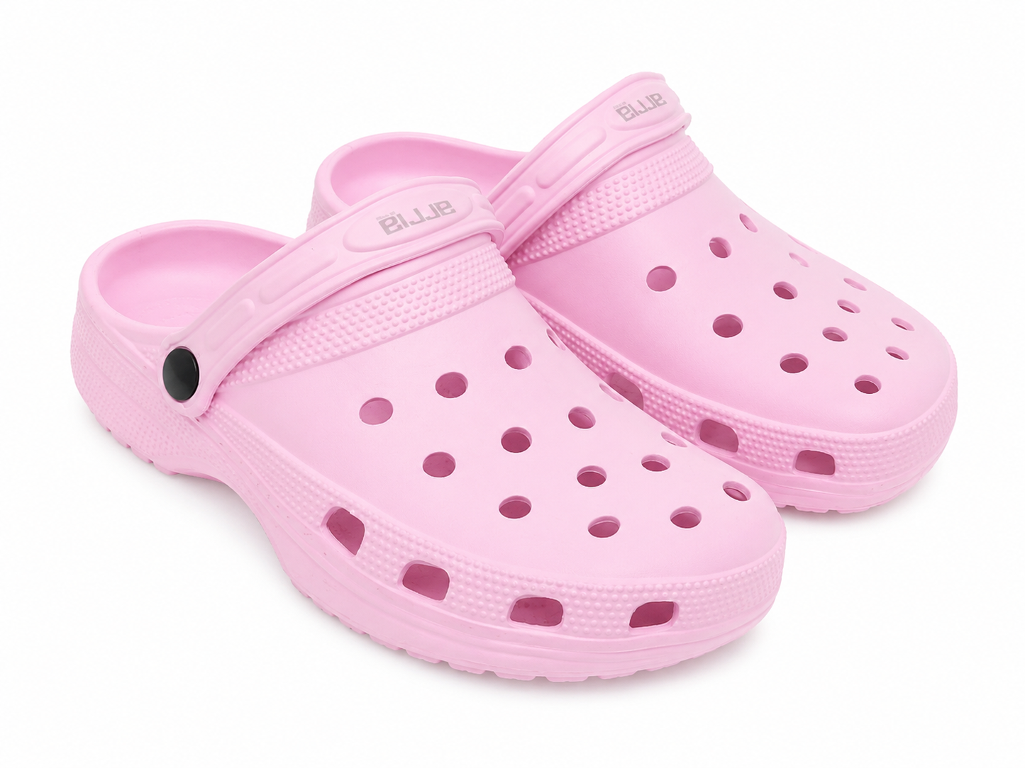 Zuecos rosados con diseño perforado y correa ajustable, talla 7.5.
