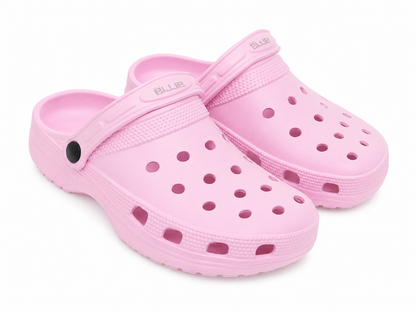 Zuecos rosados con diseño perforado y correa ajustable, talla 7.5.
