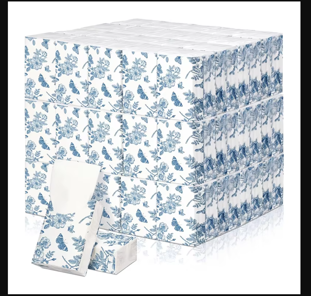 Pañuelos de bolsillo desechables de alta calidad con un diseño de flores azules estilo chinoiserie.