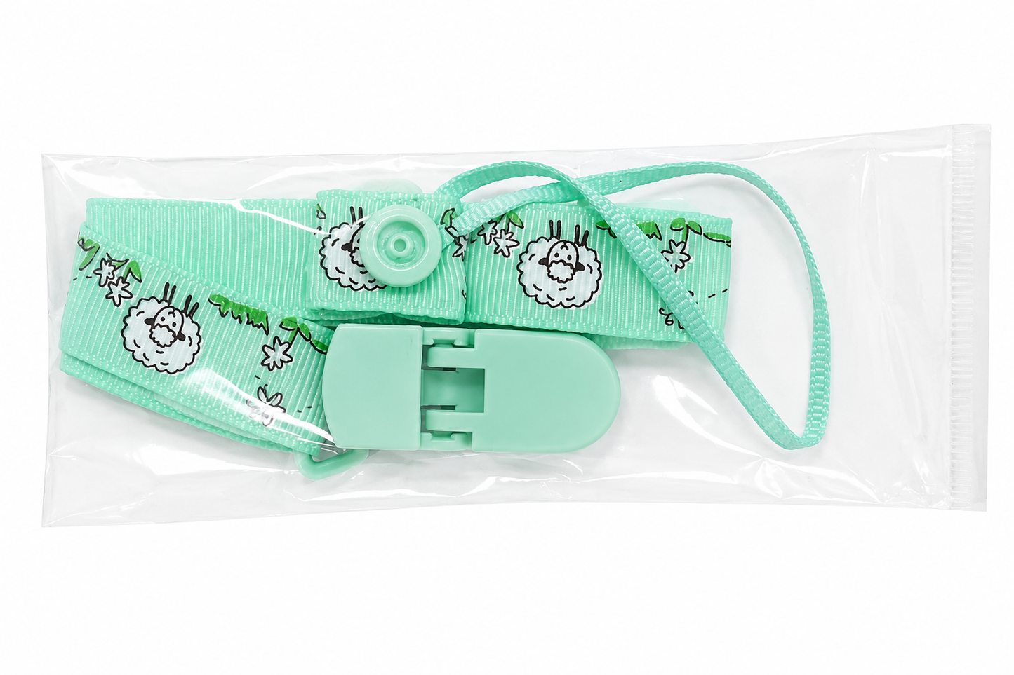 Sujetador para chupón de bebé color verde menta con clip de seguridad y diseño de ovejas.