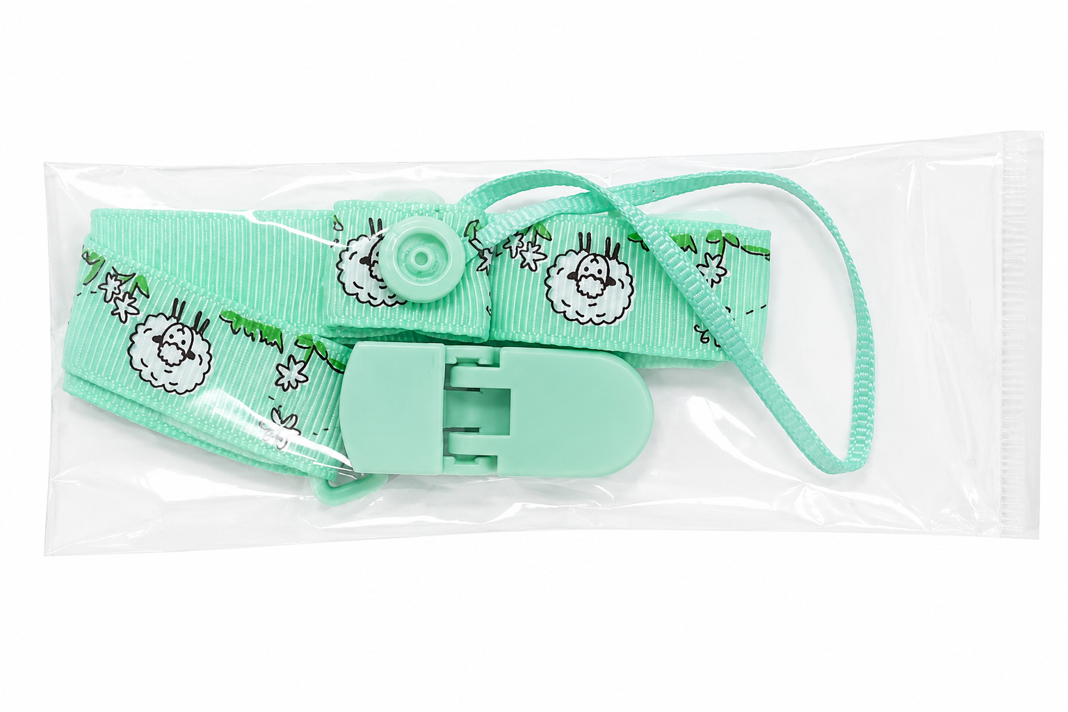 Sujetador para chupón de bebé color verde menta con clip de seguridad y diseño de ovejas.