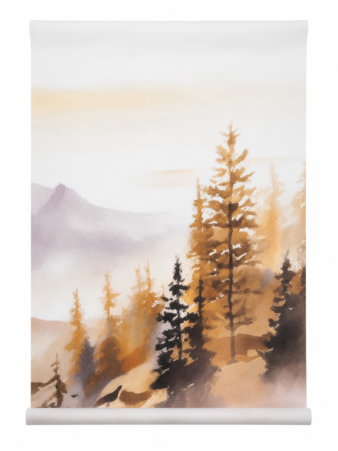Papel Tapiz Decorativo con Bosque y Montañas en Acuarela (50x70cm).