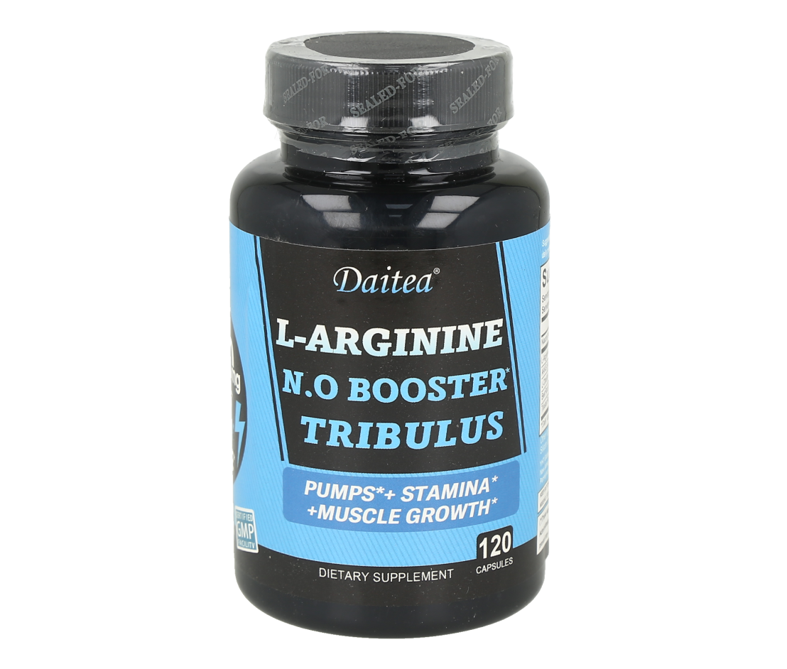 Frasco de 120 cápsulas del suplemento dietético L-Arginina N.O. Booster con Tribulus para el rendimiento físico