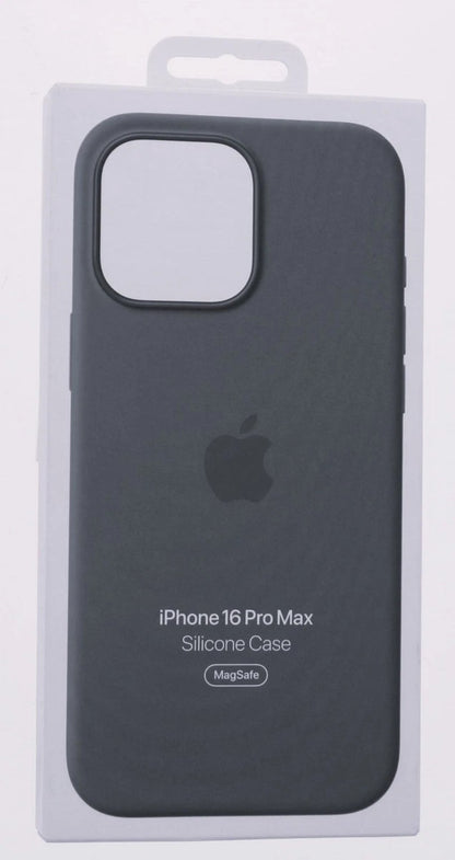 Funda de silicona negra con MagSafe compatible con iPhone 16 Pro Max.