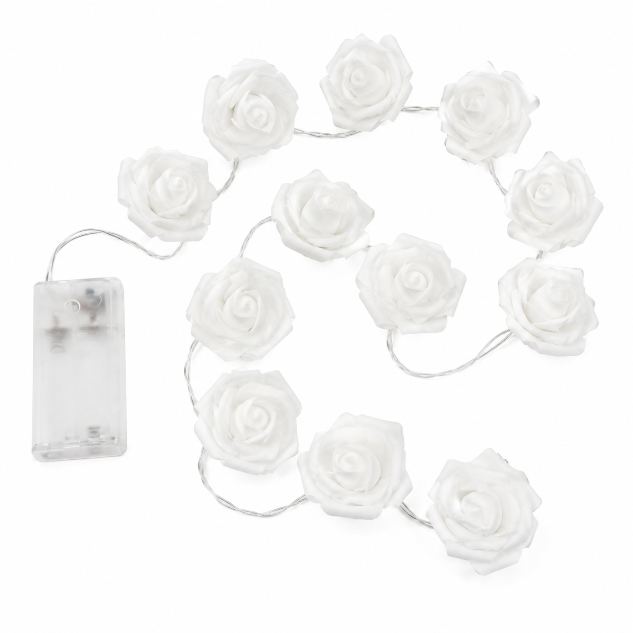 Guirnalda de luces LED con rosas blancas y caja de baterías.