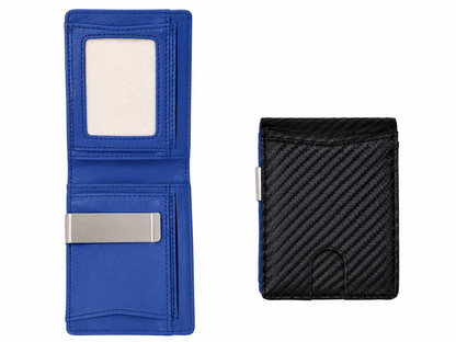 Billetera compacta con clip para billetes, diseño negro y azul con tarjetero frontal.