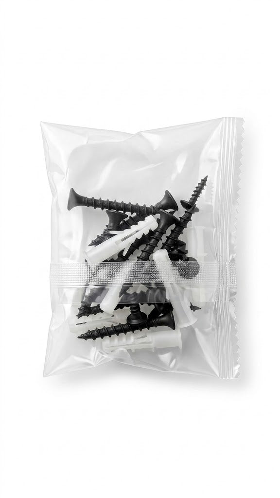 Kit de anclajes y tornillos para pared en seco, incluye tornillos de rosca gruesa y anclajes (también llamados tarugos o ramplugs) de plástico blanco.