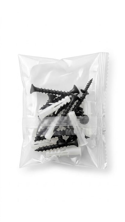 Kit de anclajes y tornillos para pared en seco, incluye tornillos de rosca gruesa y anclajes (también llamados tarugos o ramplugs) de plástico blanco.
