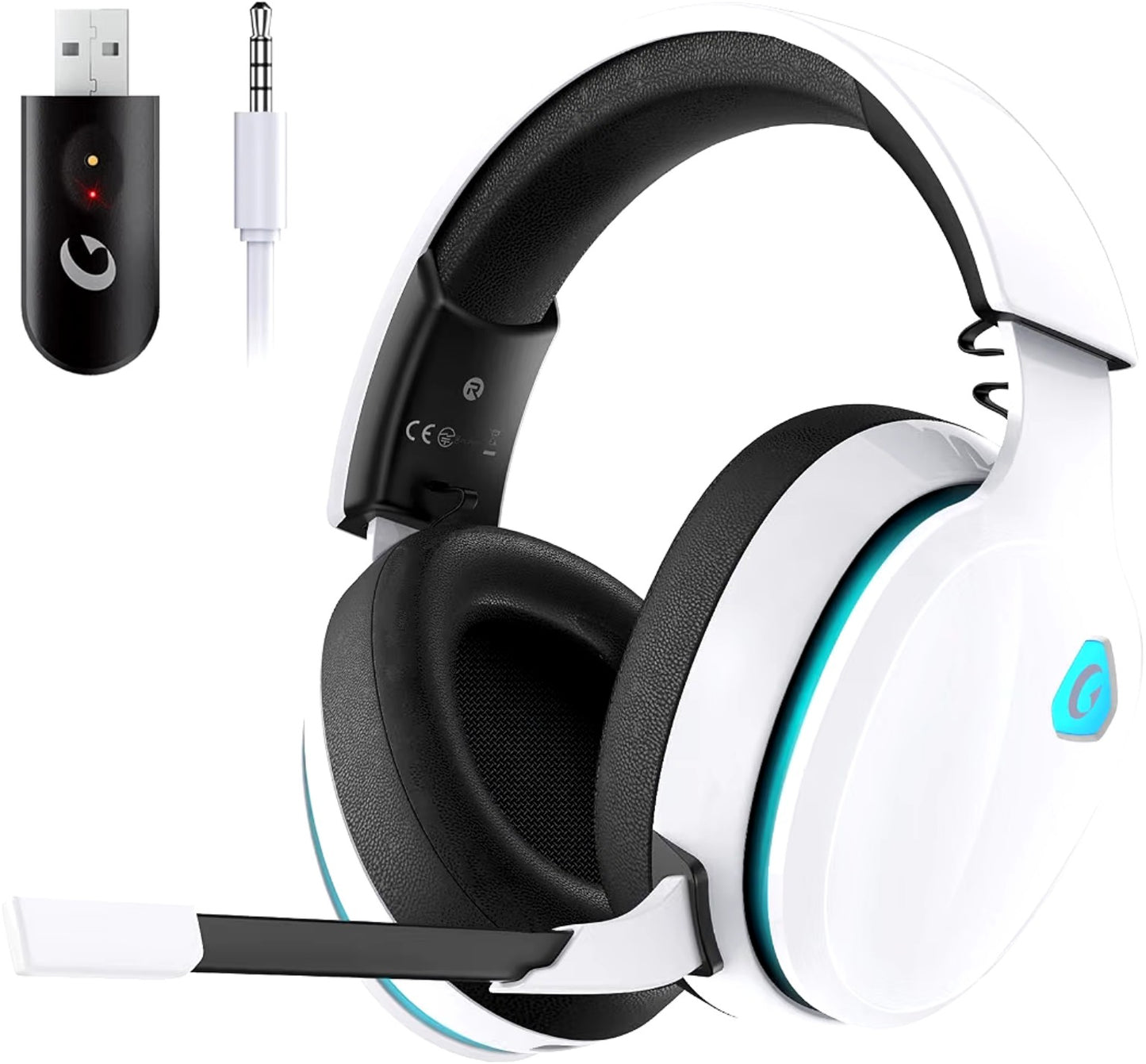 Auriculares gaming inalámbricos blancos con micrófono y receptor USB.