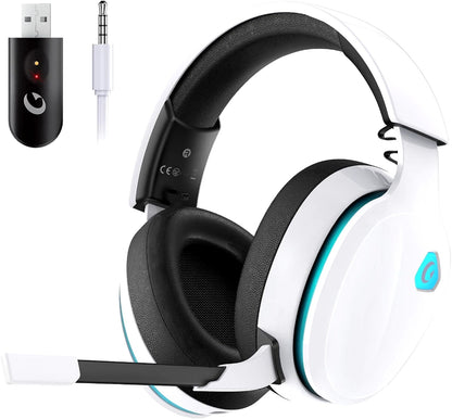 Auriculares gaming inalámbricos blancos con micrófono y receptor USB.