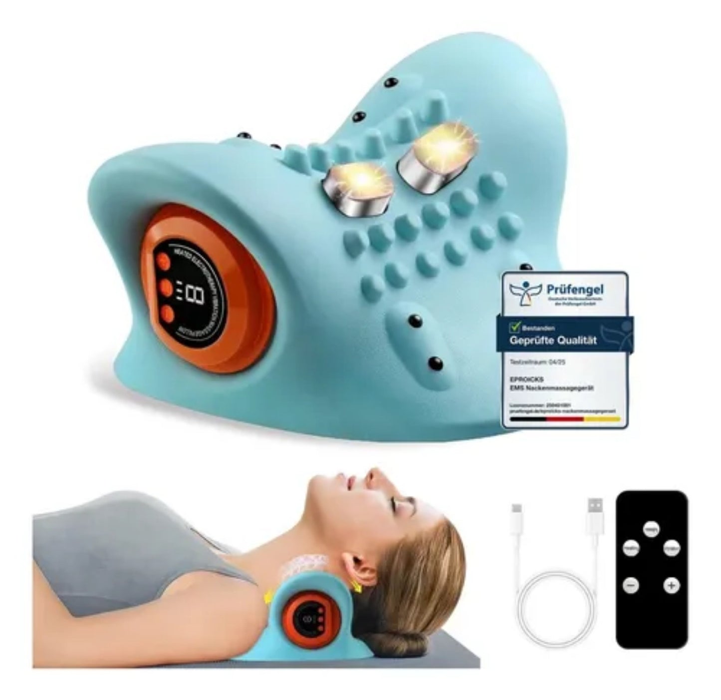 Masajeador cervical eléctrico con calor, control remoto y carga USB.