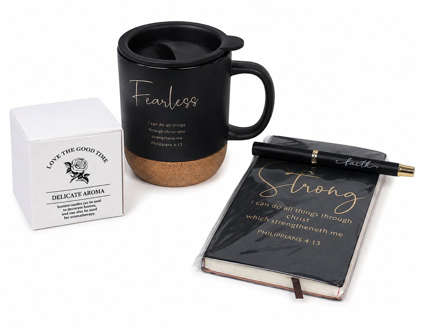 Set de Regalo Inspiracional con Taza, Libreta, Bolígrafo y Vela Aromática.