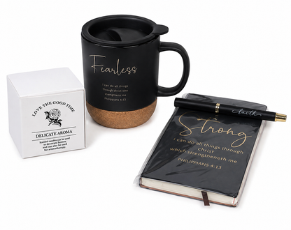 Set de Regalo Inspiracional con Taza, Libreta, Bolígrafo y Vela Aromática.