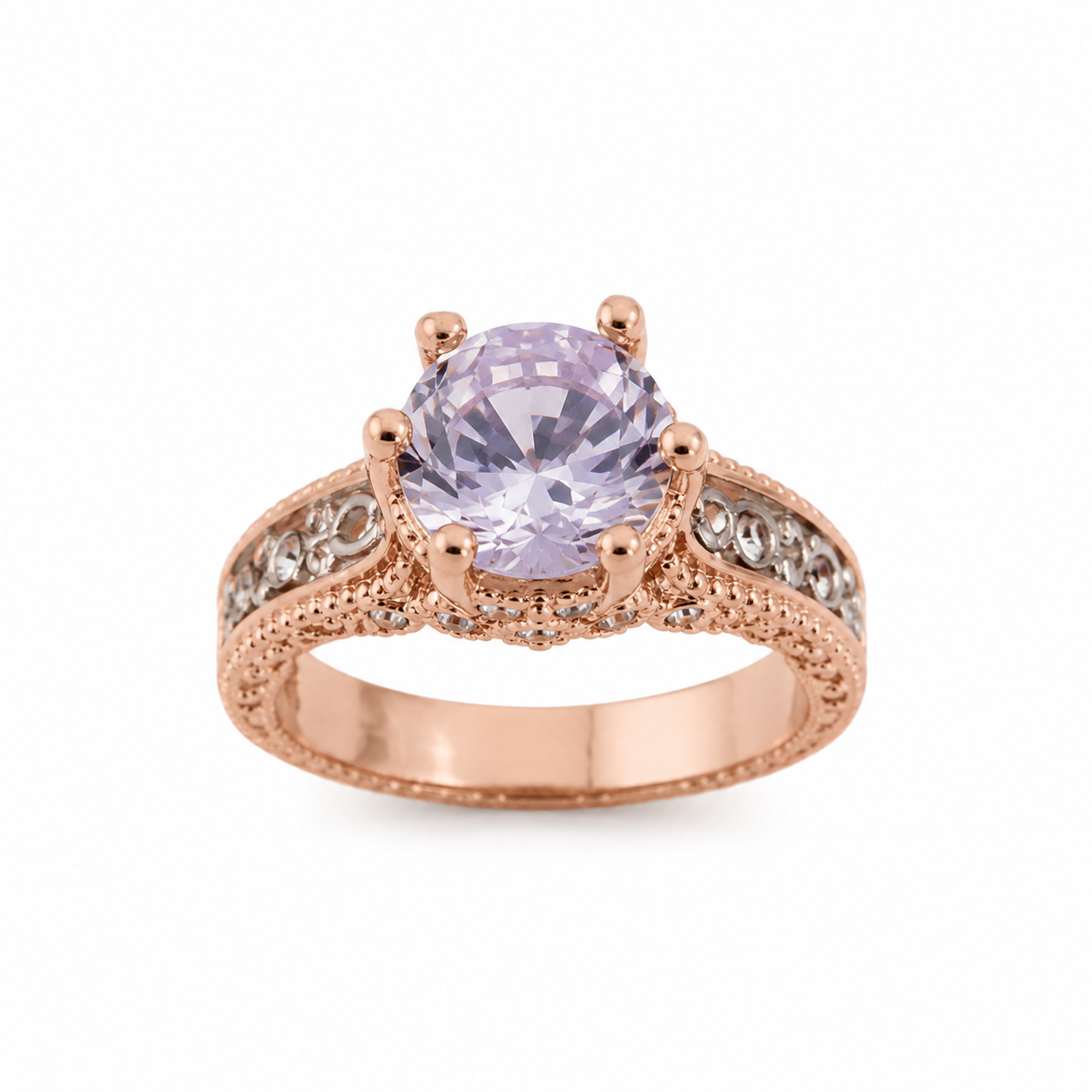 Anillo de Compromiso con Piedra Central Brillante Color Oro Rosa.