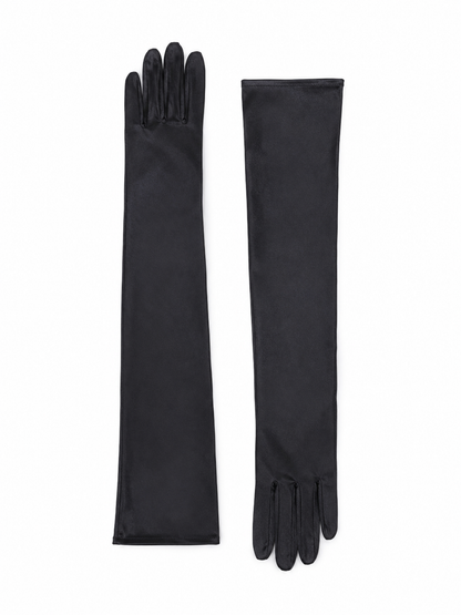 Guantes Largos Negros de Satén para Mujer con Acabado Suave y Diseño Elegante.
