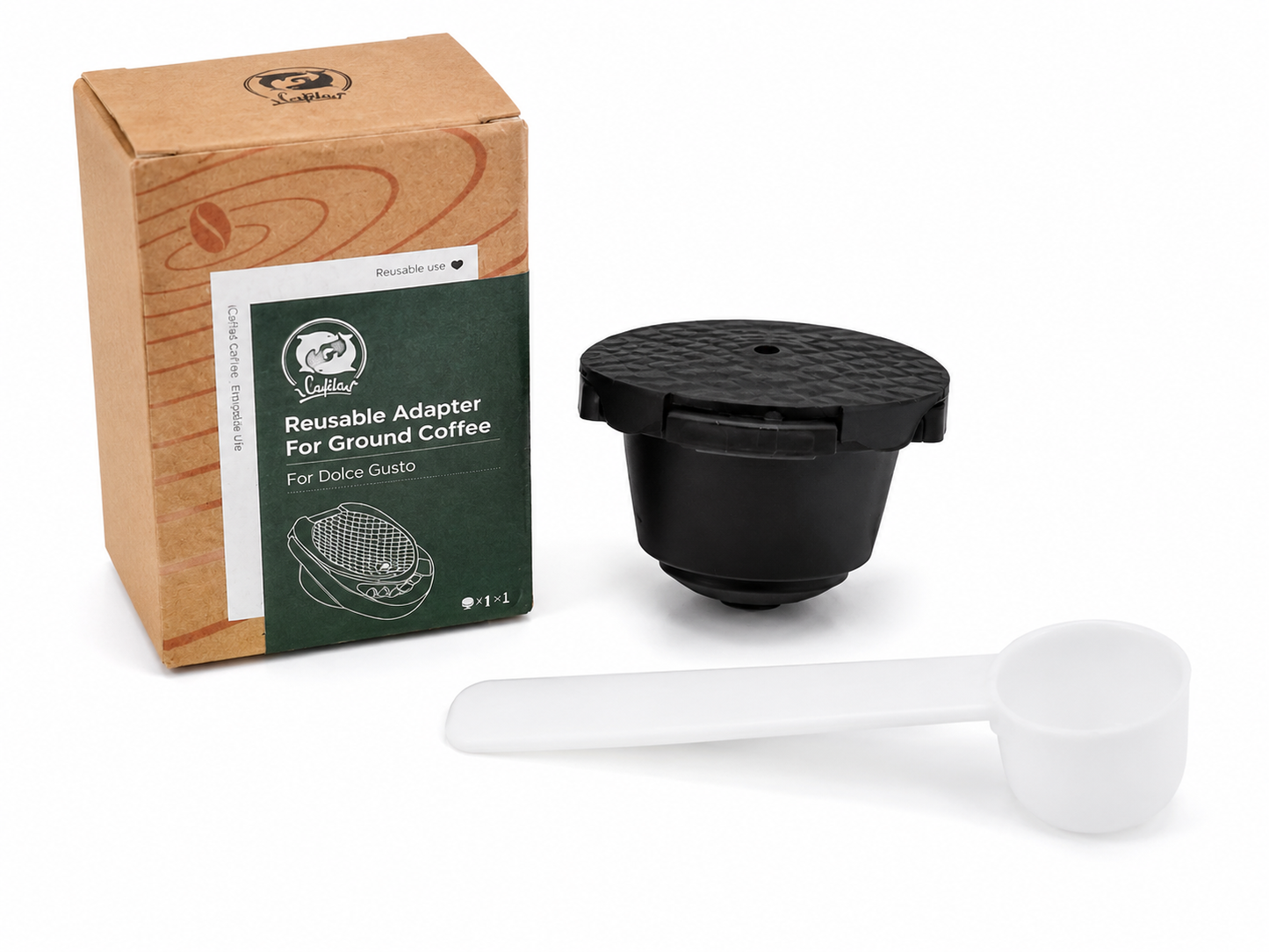 Cápsula reutilizable para café molido compatible con cafetera tipo cápsulas con cuchara medidora.