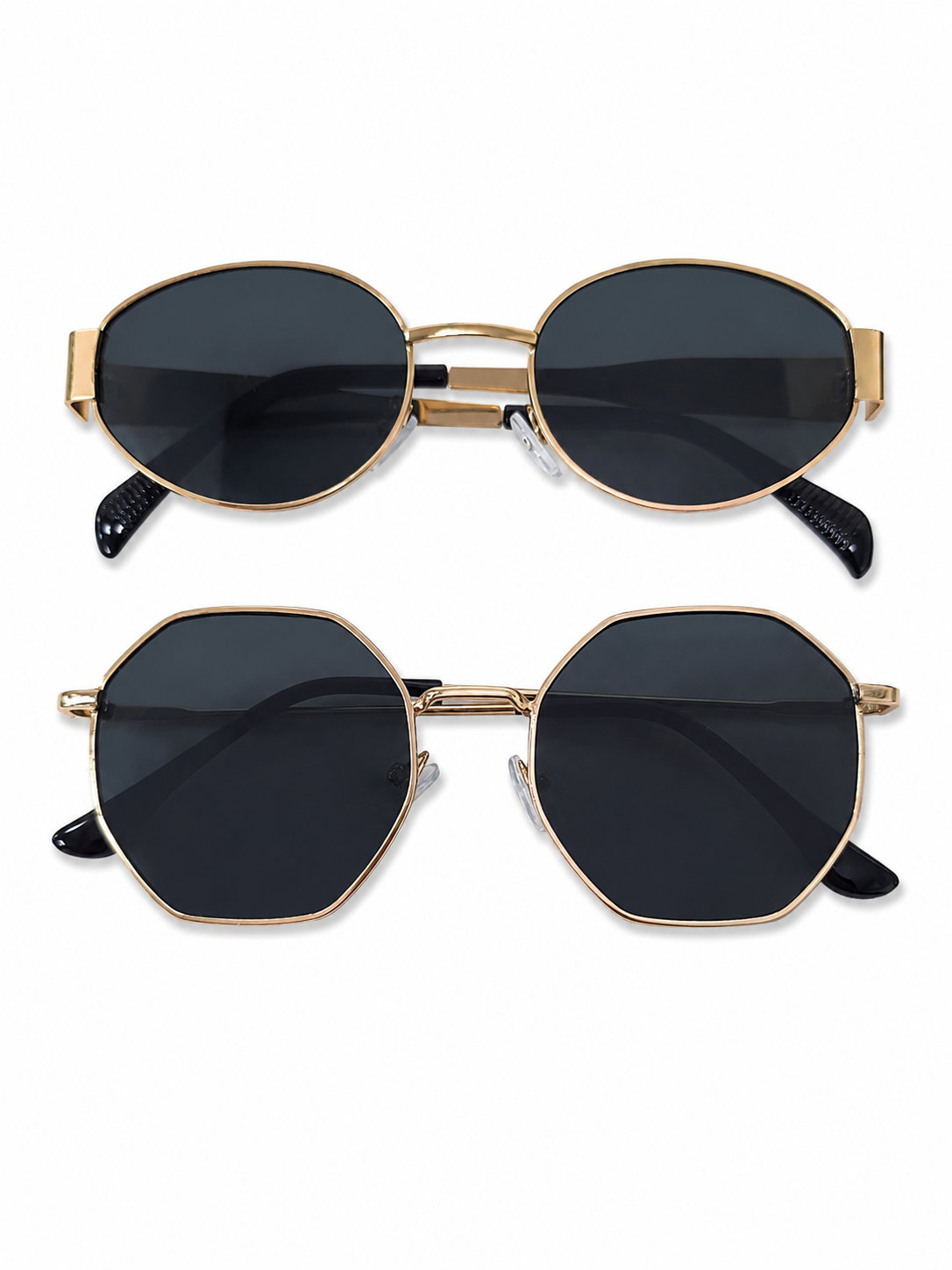 Set de Gafas de Sol Vintage para Mujer y Hombre – Lentes Oscuros con Marco Metálico Dorado (2 Pares).