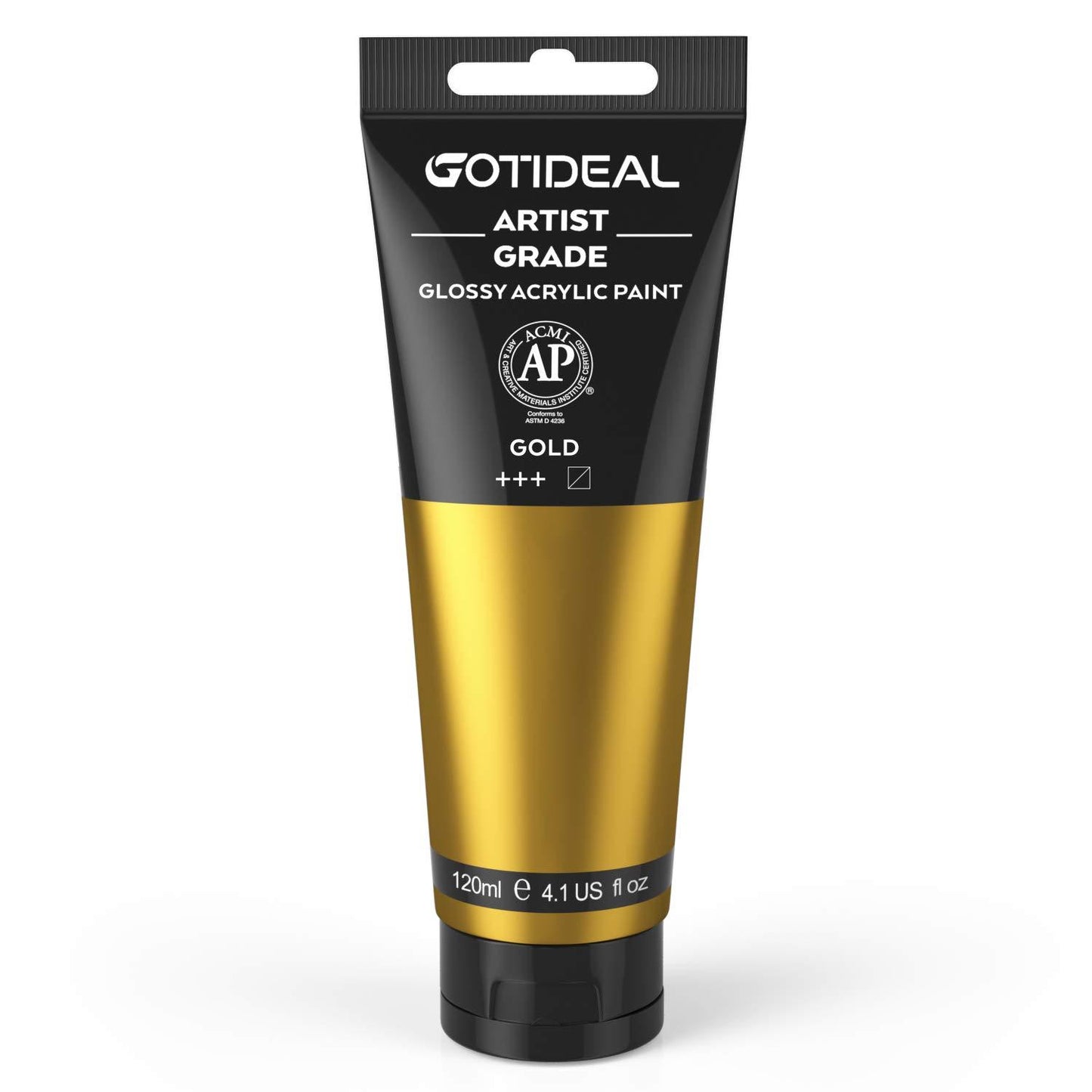 Tubo de Pintura Acrílica Metálica Dorada, de grado artístico, en color dorado perlado.