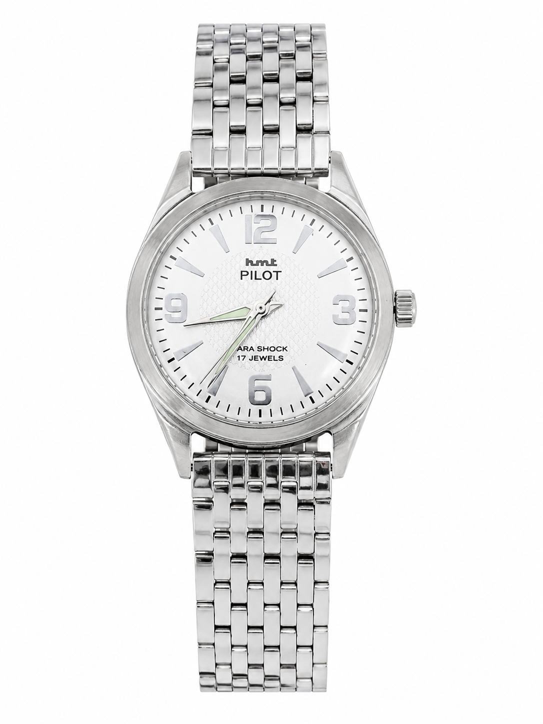 Reloj analógico de pulsera con caja y brazalete metálicos de acero color plata, esfera blanca y movimiento mecánico de 17 rubíes.
