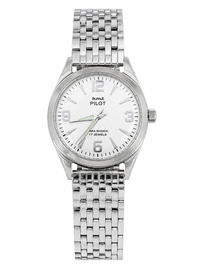 Reloj analógico de pulsera con caja y brazalete metálicos de acero color plata, esfera blanca y movimiento mecánico de 17 rubíes.