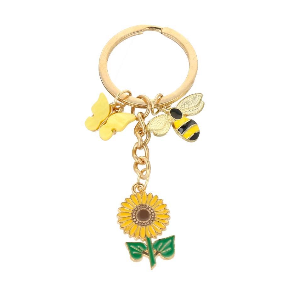 Llavero de girasol, abeja y mariposa con acabado esmaltado.