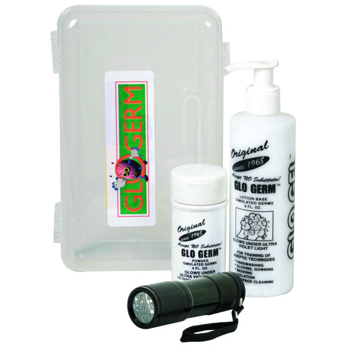 Kit de demostración de higiene que incluye gel, polvo y una linterna UV.