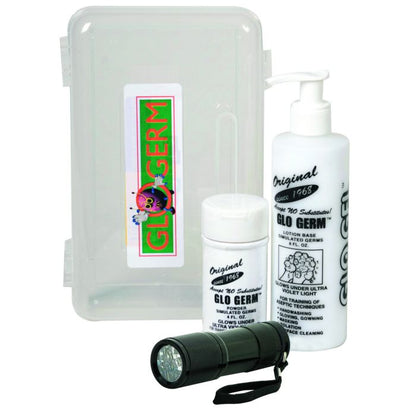 Kit de demostración de higiene que incluye gel, polvo y una linterna UV.