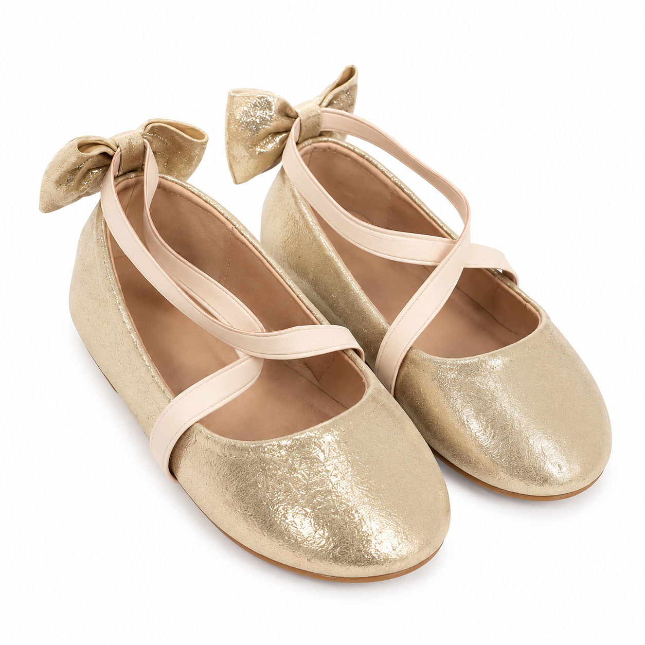 Zapatos Planos Infantiles Dorados con Tiras Cruzadas y Lazos Traseros, Talla 27.