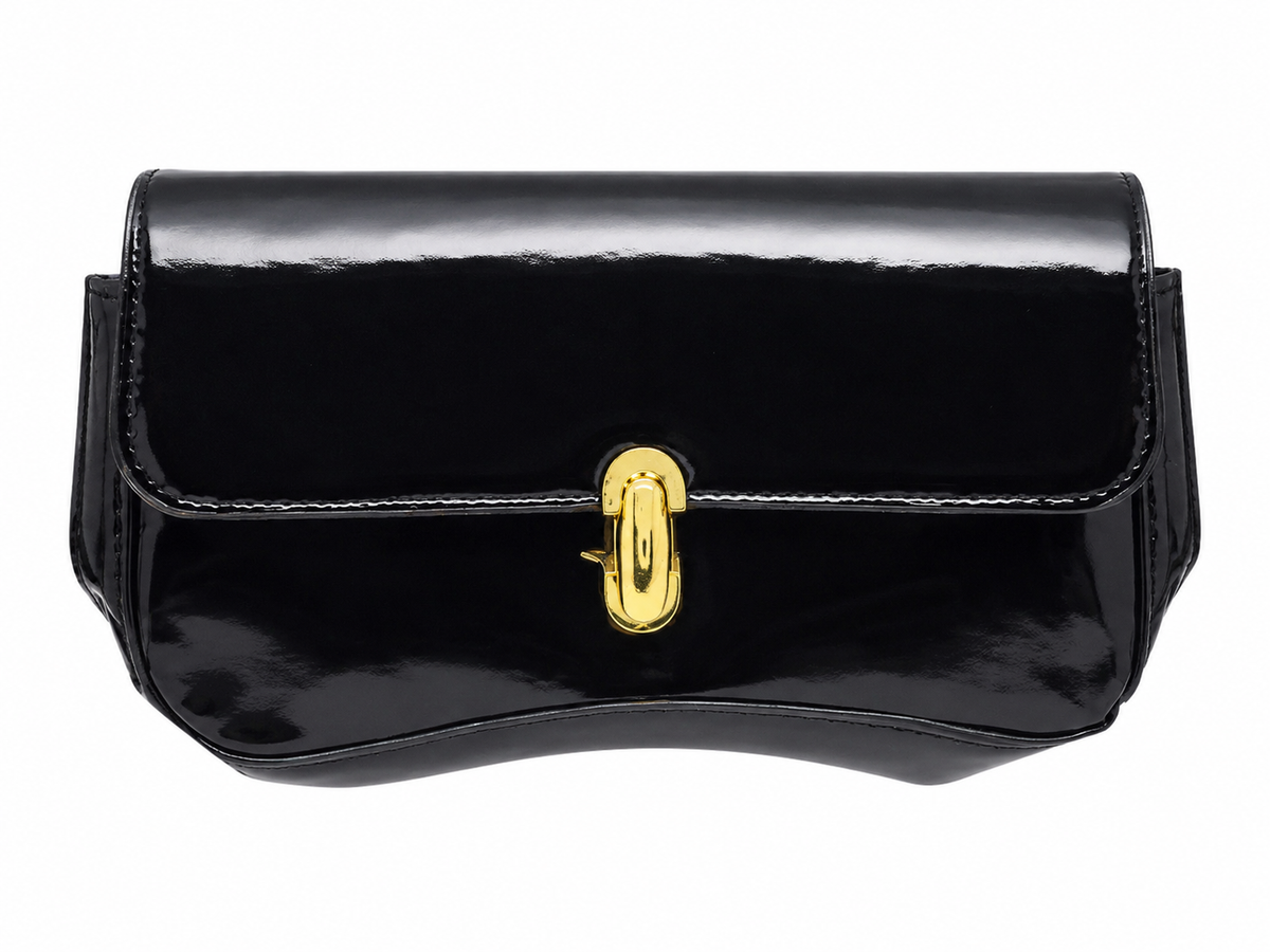 Bolso de Mano Negro Brillante con Cierre Dorado.