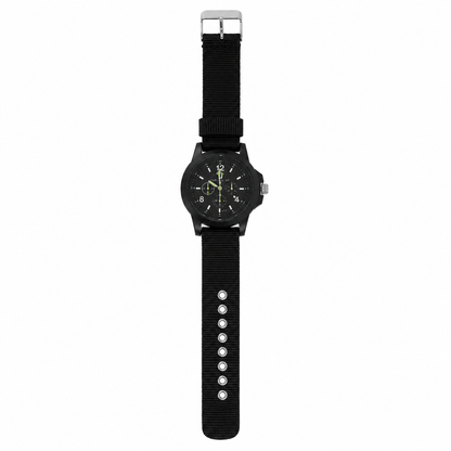 Reloj de pulsera negro con correa ajustable y esfera multifunción.