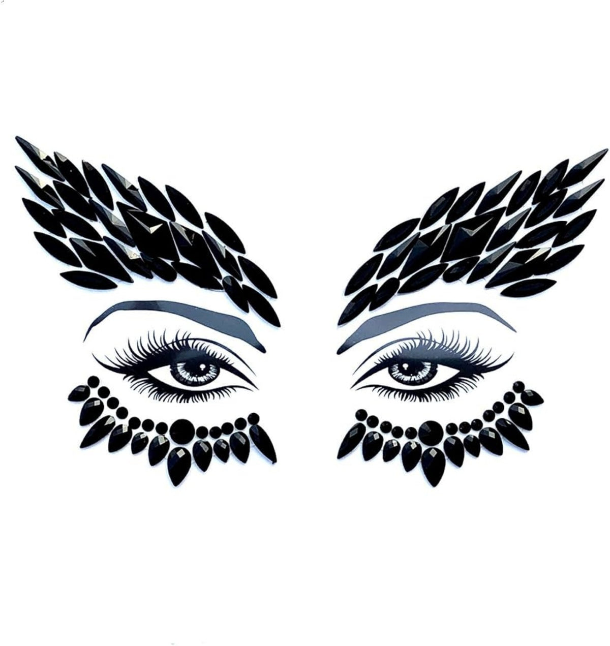 Adhesivos faciales decorativos con gemas negras para ojos y cejas.