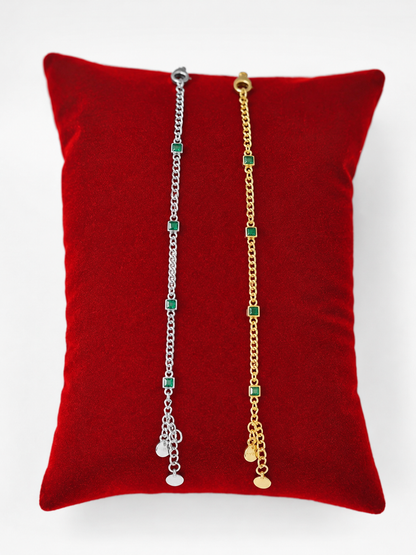 Pulsera Ajustable de Cadena con Detalles Cuadrados Verdes en Acero Inoxidable, Set de 2 Unidades.