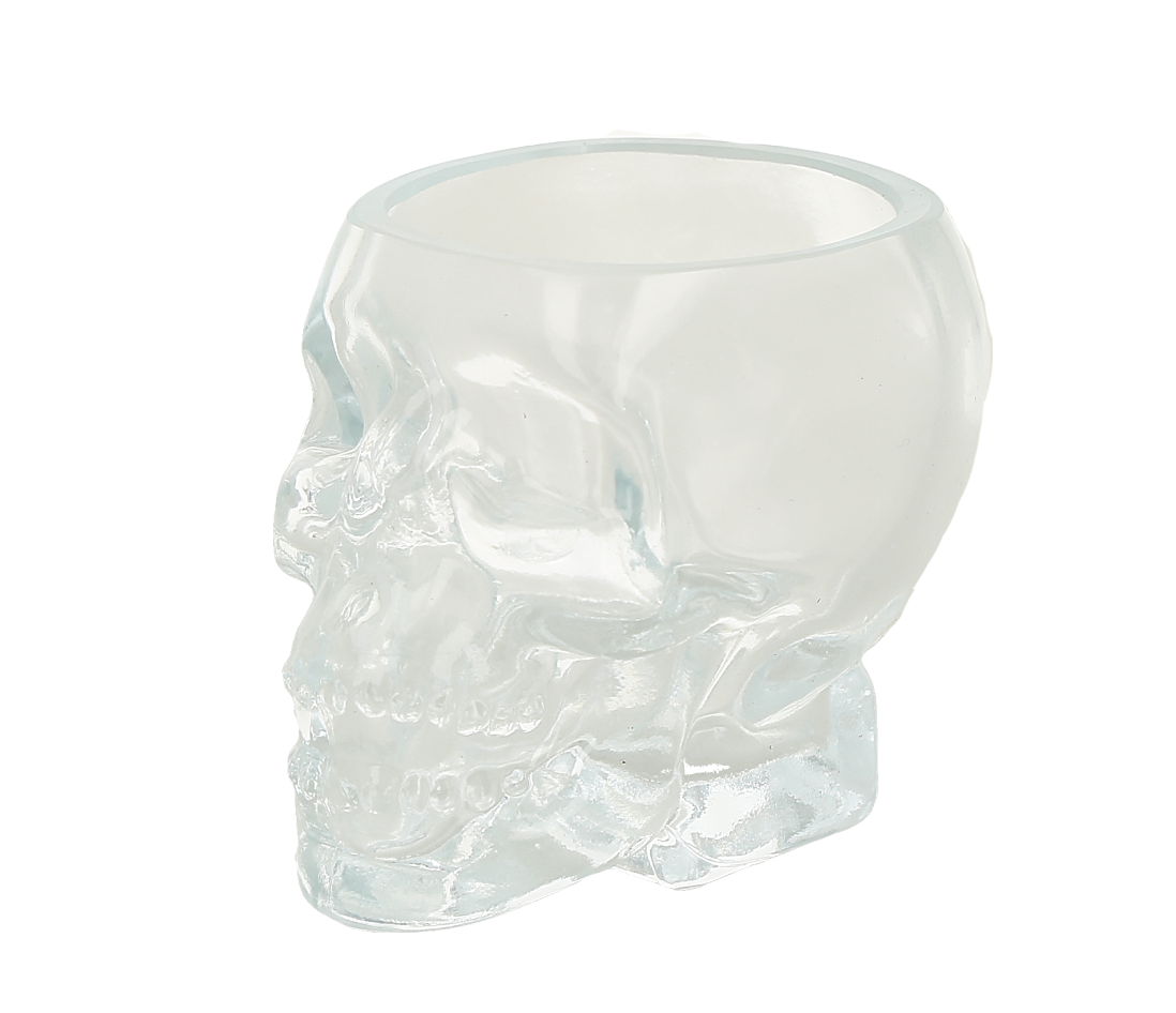 Vaso pequeño de vidrio transparente con diseño de calavera.