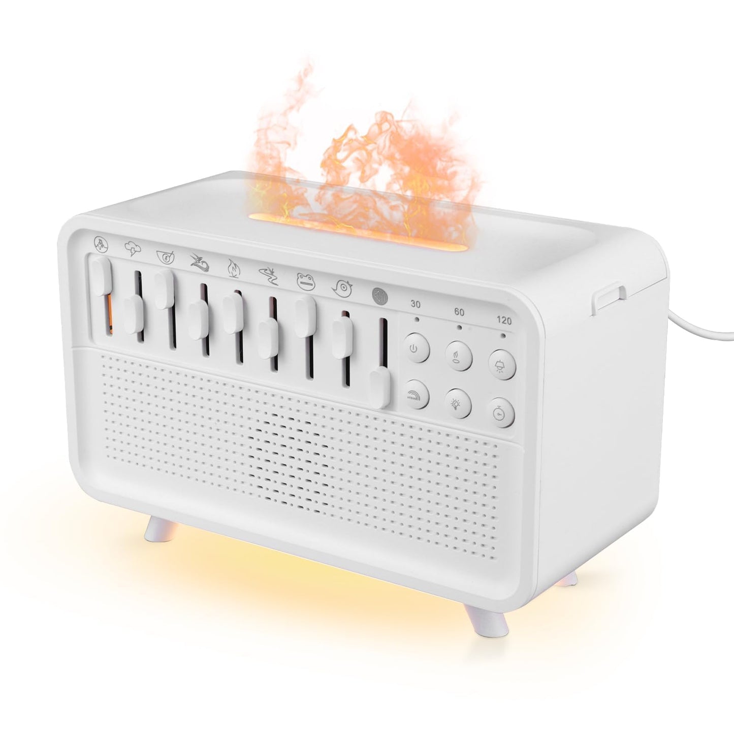 Caja de una máquina multifuncional de ruido blanco para dormir que incluye funciones de difusor de aromaterapia, humidificador, luz nocturna y altavoz.