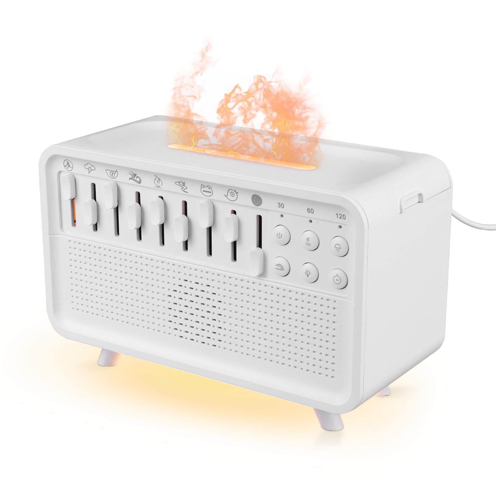 Caja de una máquina multifuncional de ruido blanco para dormir que incluye funciones de difusor de aromaterapia, humidificador, luz nocturna y altavoz.