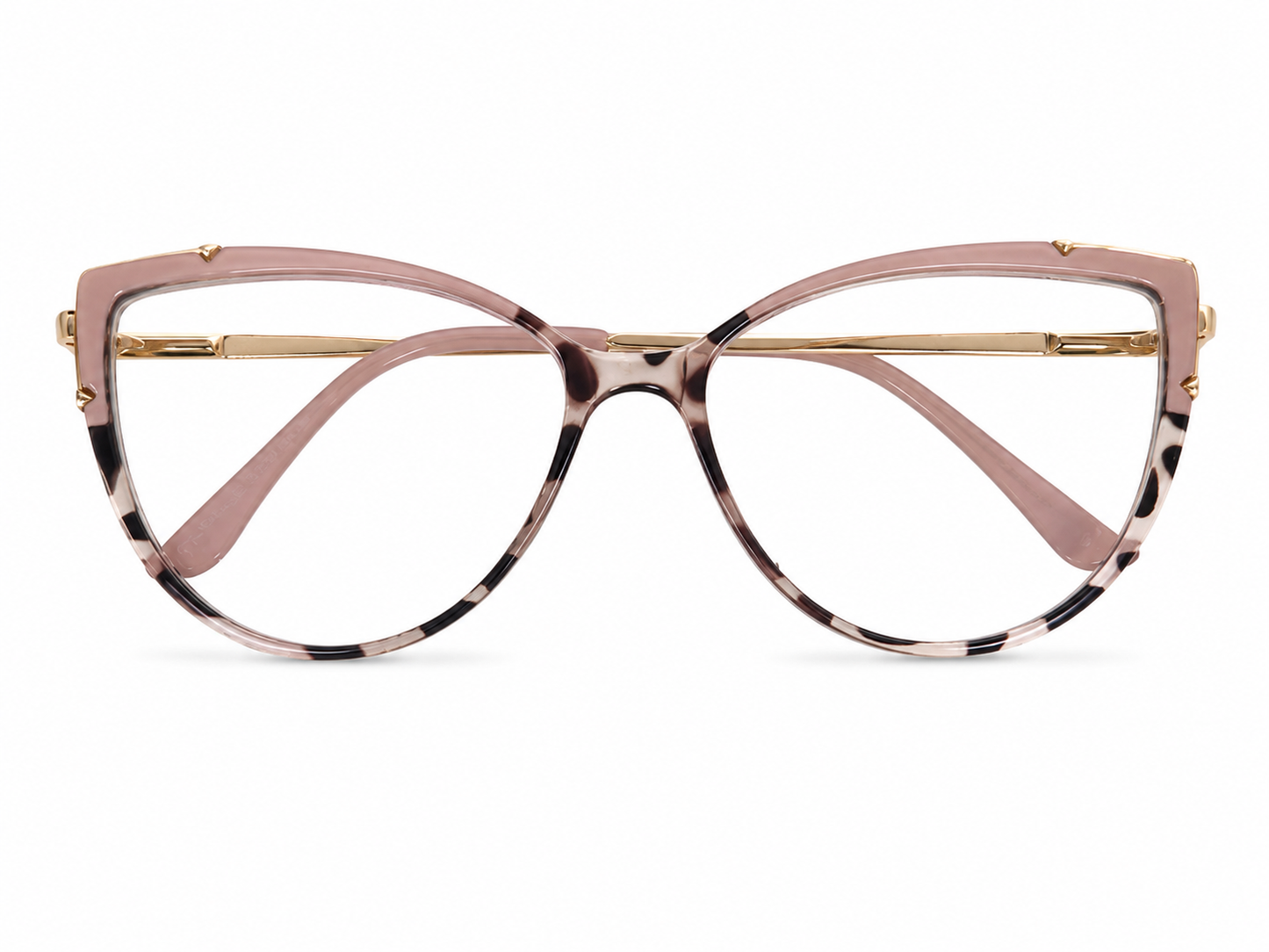 Lentes de Armazón Cat Eye Color Rosa con Detalles Carey y Patillas Doradas.