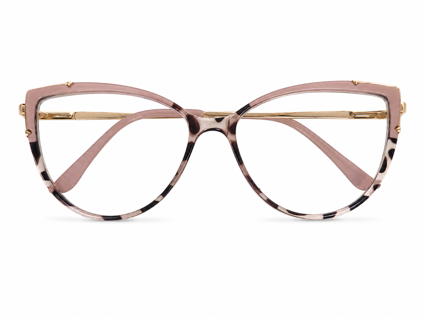 Lentes de Armazón Cat Eye Color Rosa con Detalles Carey y Patillas Doradas.